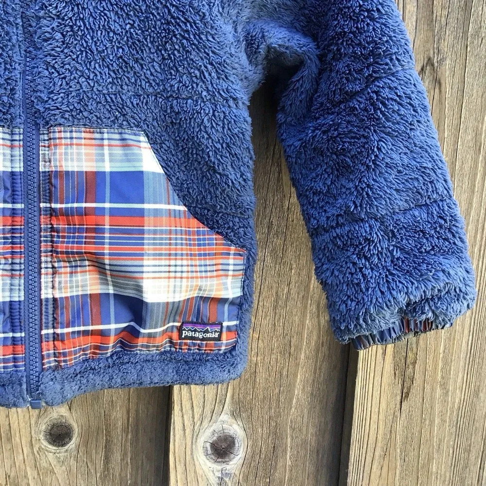 Patagonia Reversible Fleece Hooded Jacket Kids Plaid Blue Youth Toddler